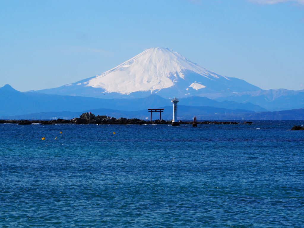 Shrine gate standing in front of Mt Fuji