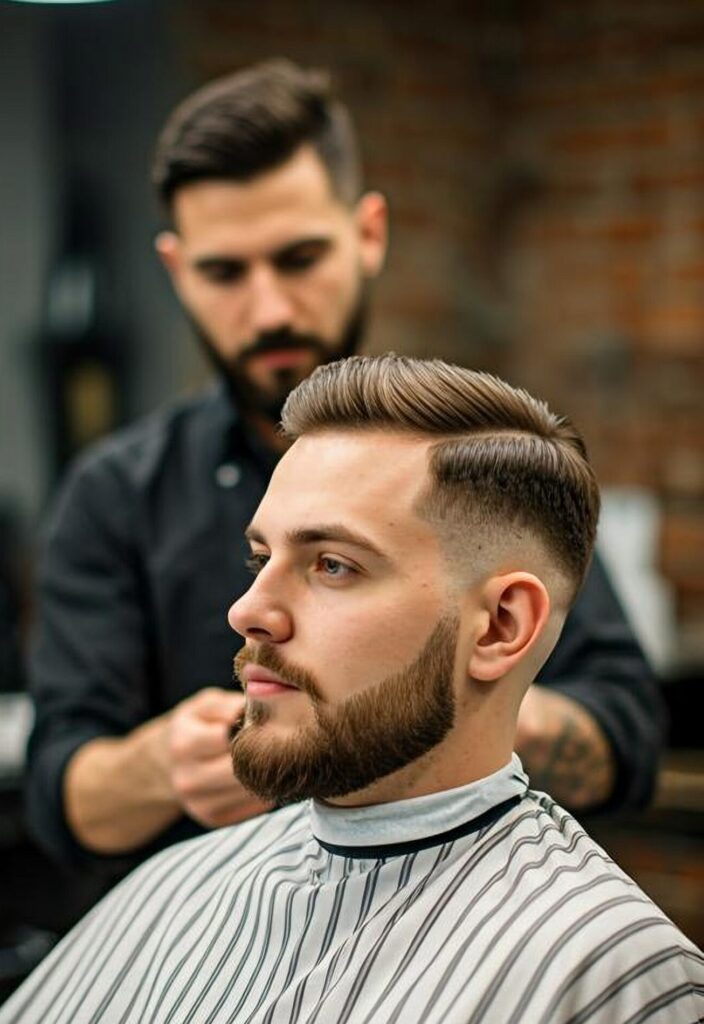 Classic men’s barber cut with a clean fade, defined side part and structured styling