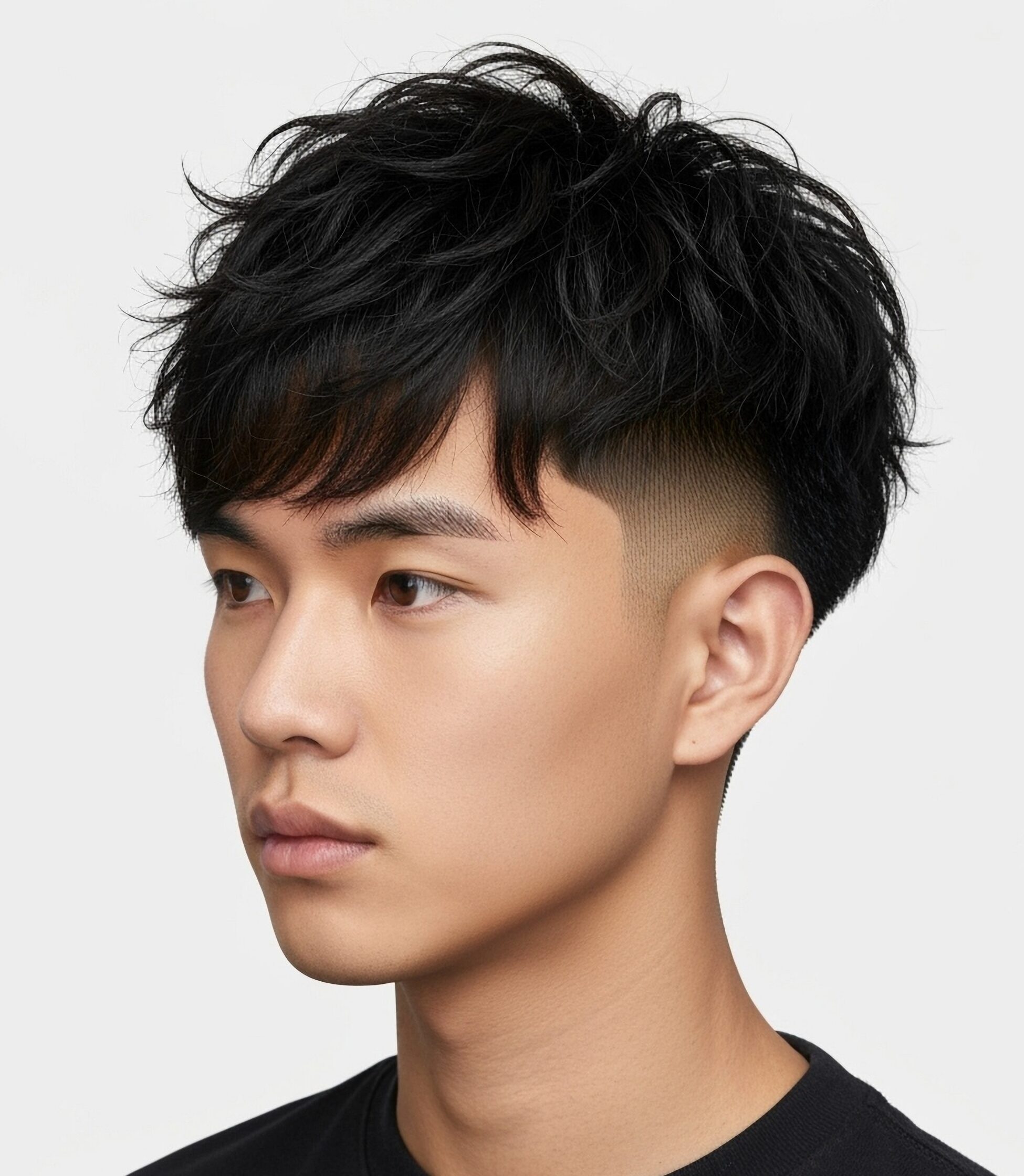 Modern men’s haircut with textured layers, volume on top and a clean fade at the sides