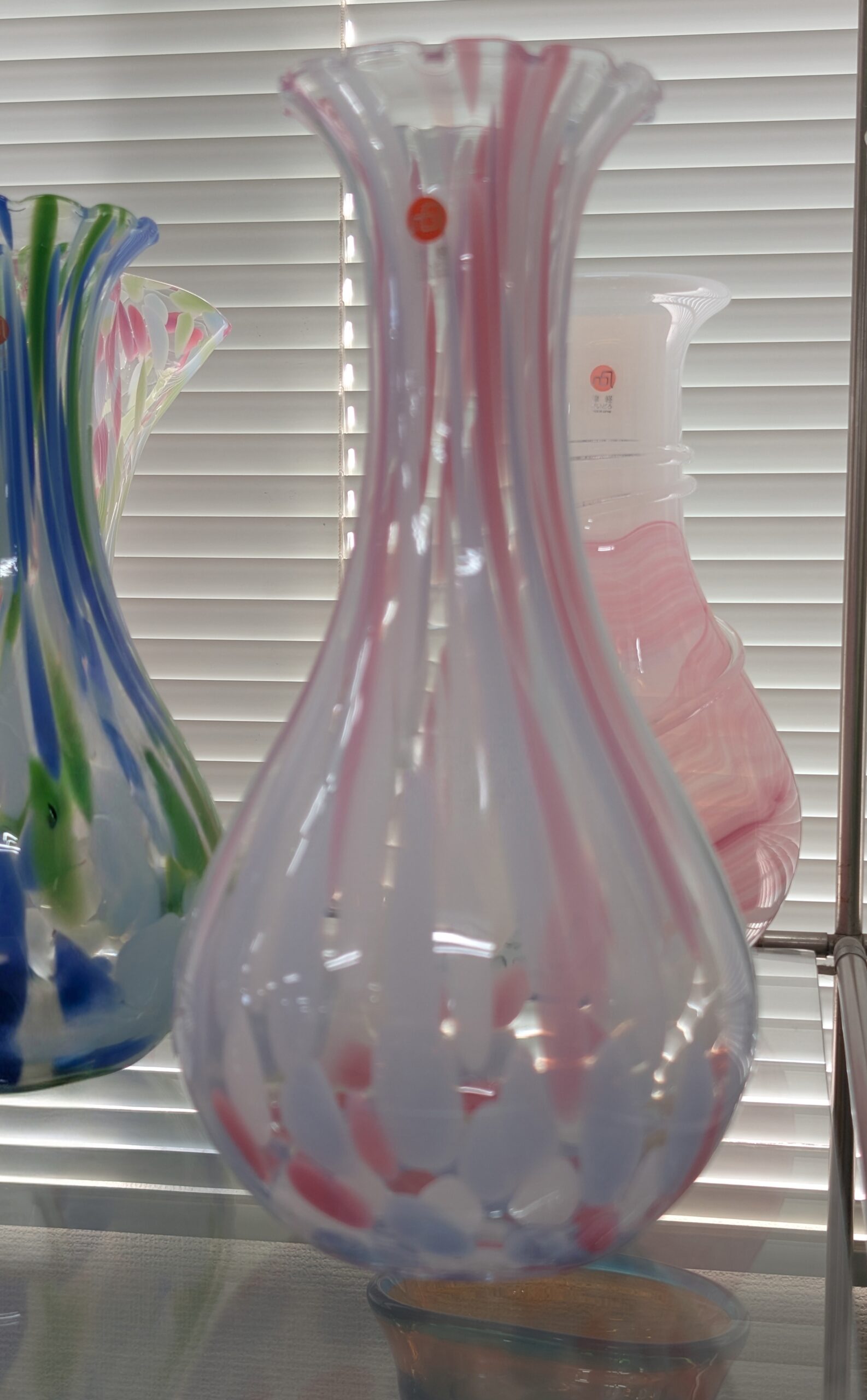 Handmade pale pink Tsugaru Vidro glass vase with delicate coloured patterns