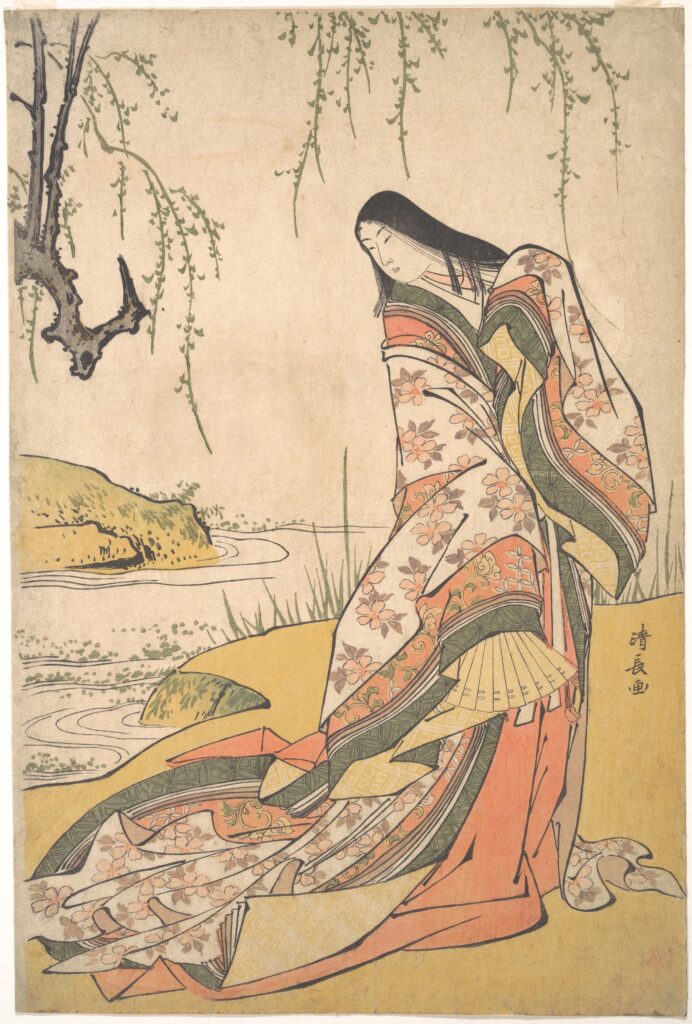Heian-period court woman with long straight black hair and layered robes