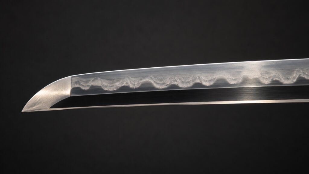 Close-up of a polished Japanese sword blade showing its tip and wavy hamon against a black background.