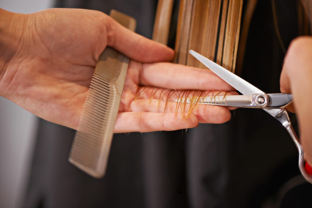 Professional hairdressing scissors cutting hair between the blades