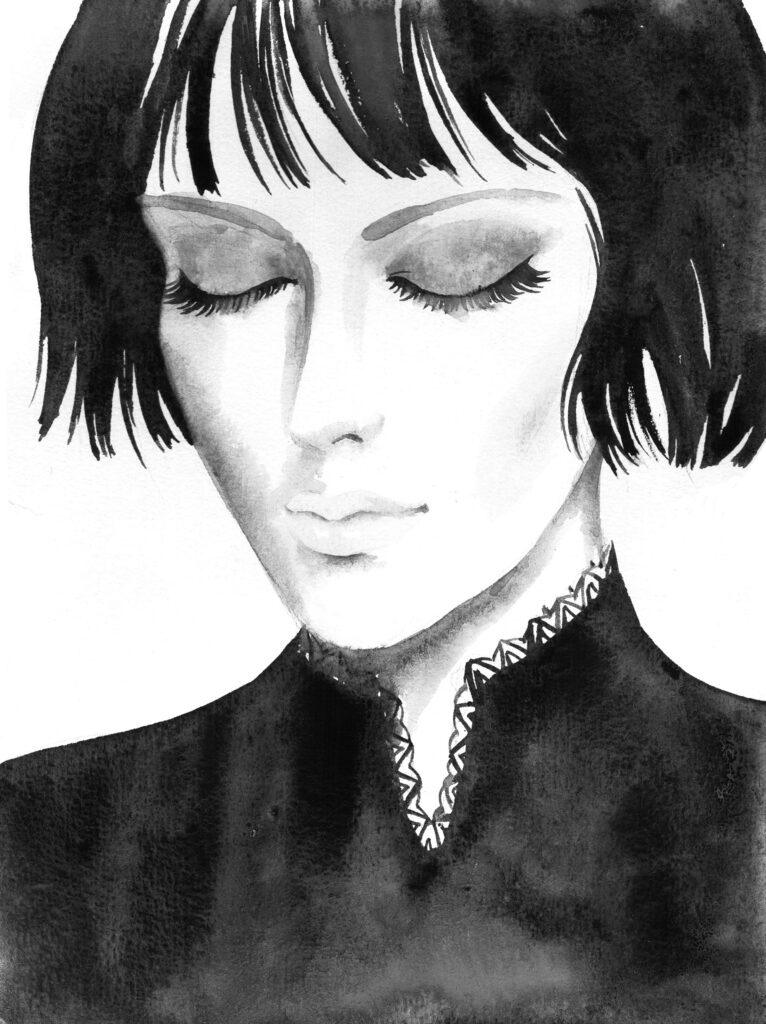 Black-and-white illustration of a 1960s-inspired geometric bob haircut