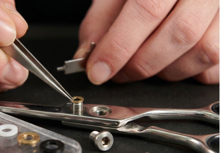 Craftsperson adjusting the pivot mechanism of professional hairdressing scissors